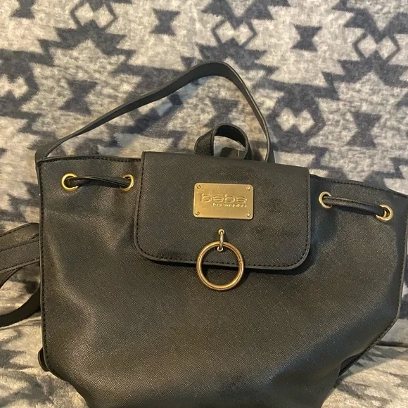 Bebe Elegant Black Bag with Gold Details backpack BEBE Black Faux Leather Quilted MINI Backpack Purse with  main image 4